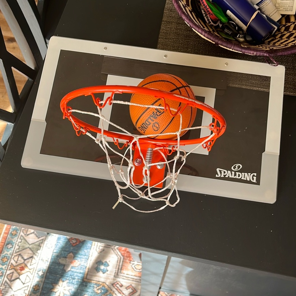 Mini indoor basketball hoop with ball and already put together